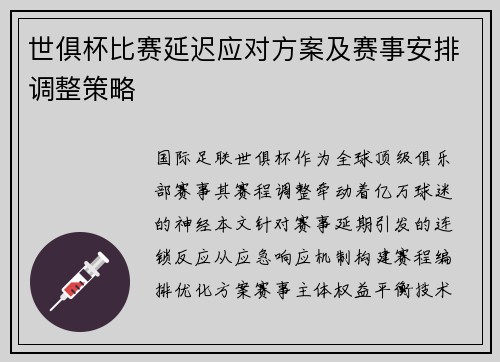 世俱杯比赛延迟应对方案及赛事安排调整策略