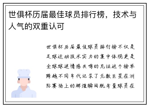 世俱杯历届最佳球员排行榜，技术与人气的双重认可
